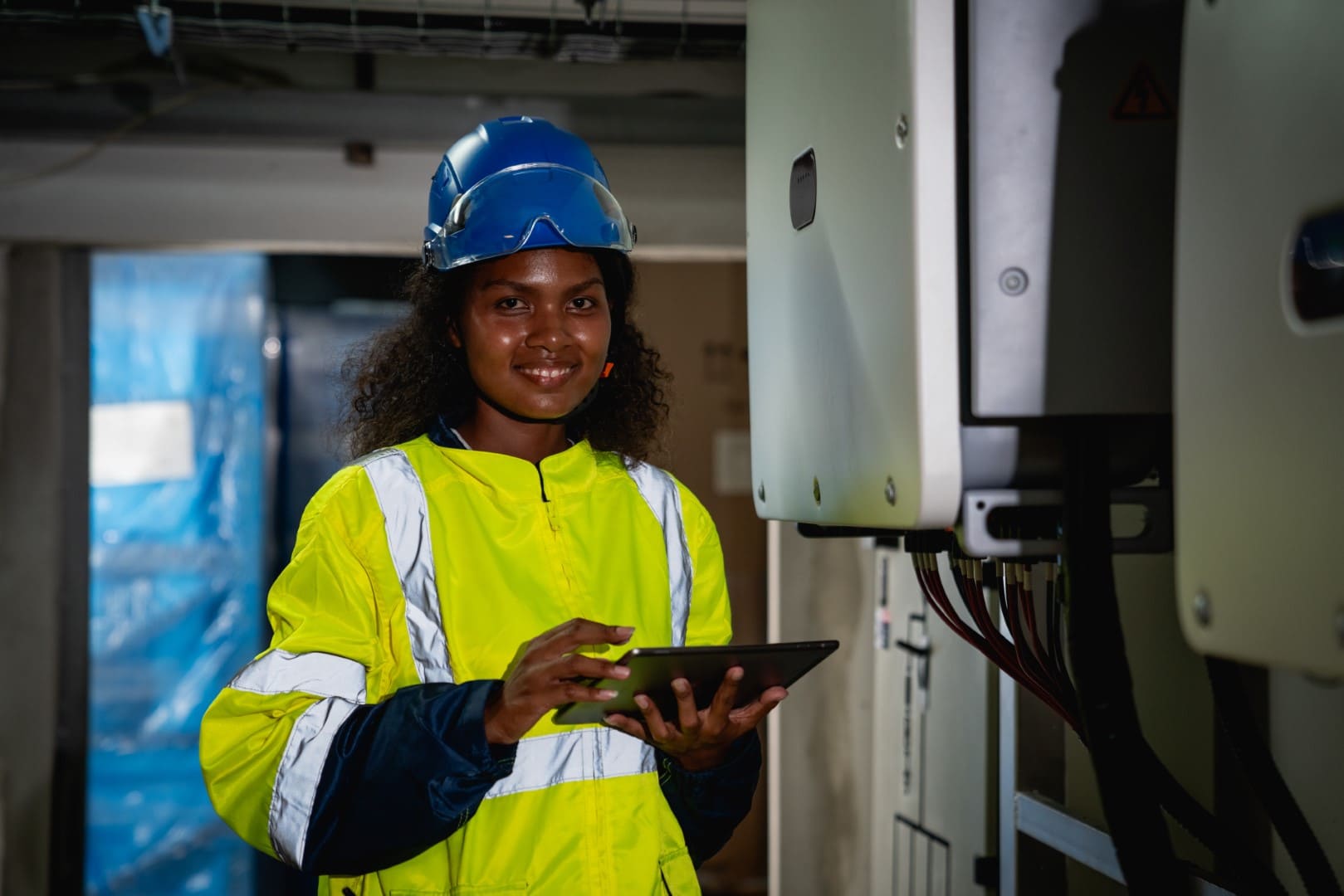 A female electric contractor is inspecting the electrical switchboard.